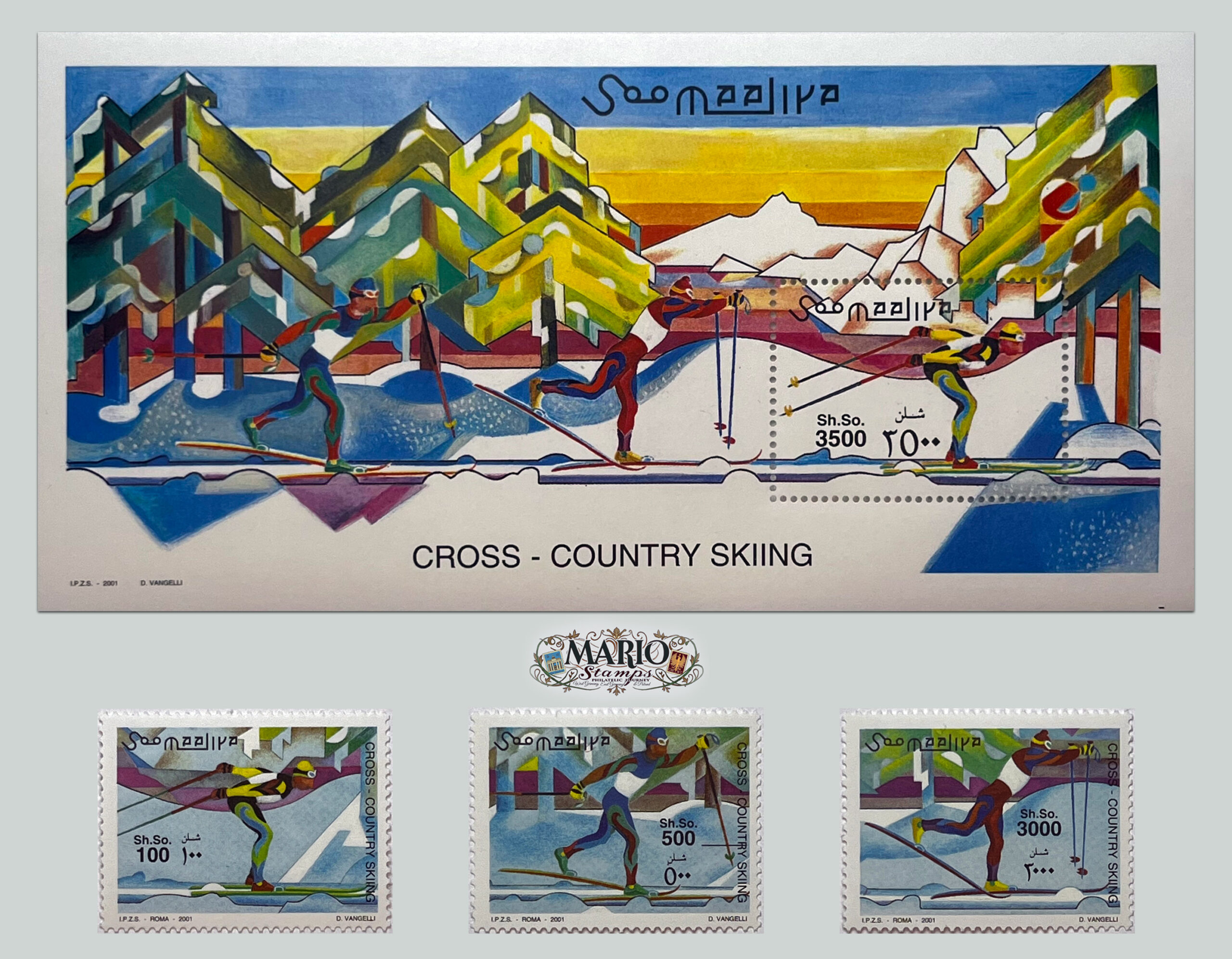 ⛷️ Emocje na Śniegu – Kompletna Seria i Bloczek „Narciarstwo Biegowe” (Somalia 2001) MNH! ❄️