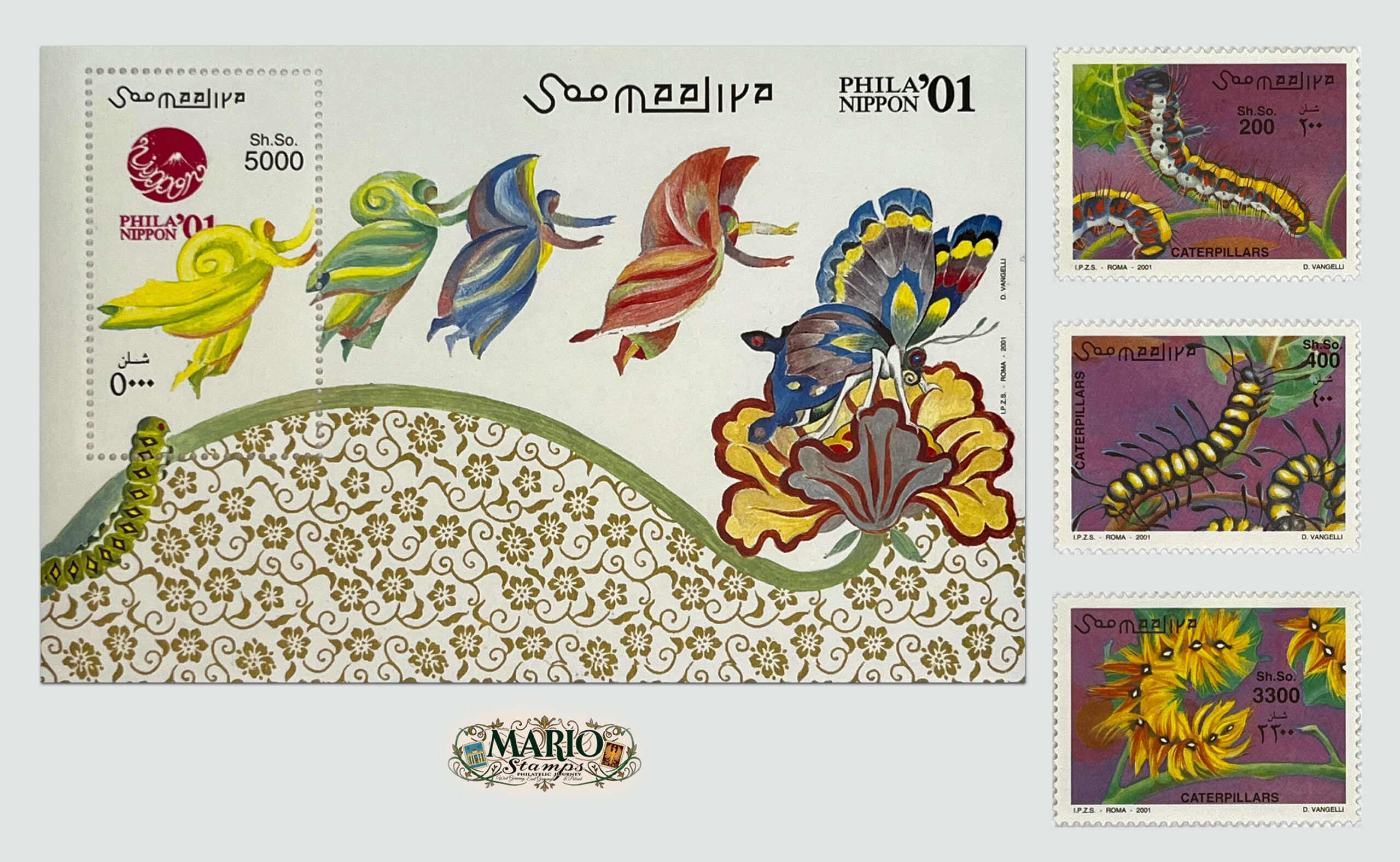 🐛 Kompletna Seria Znaczków z Bloczkiem – Gąsienice i Świat Motyli (2001) MNH! 🦋