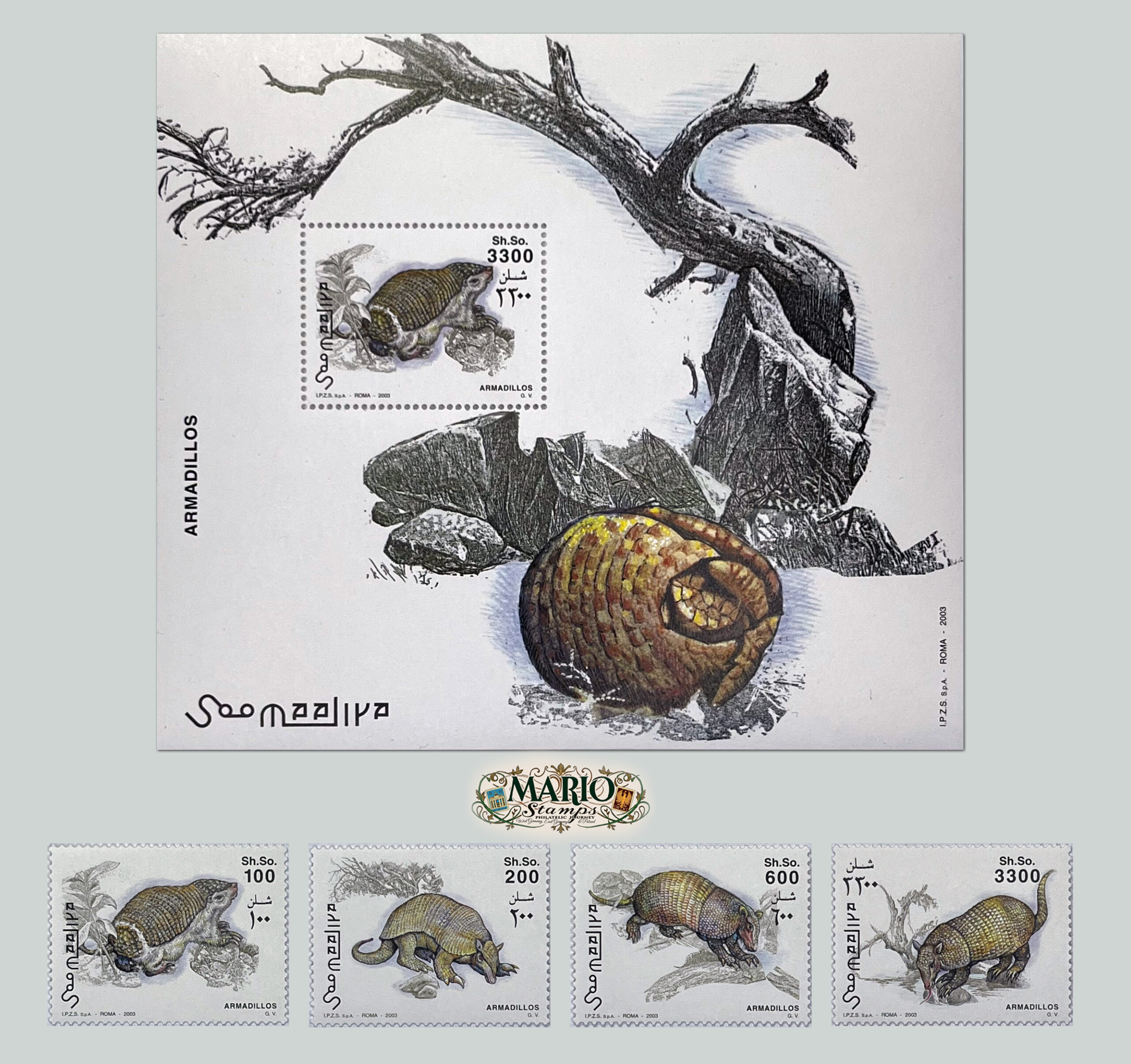 🦔 Kompletna Seria Znaczków z Bloczkiem – Pancerniki Somalii (2003) MNH!