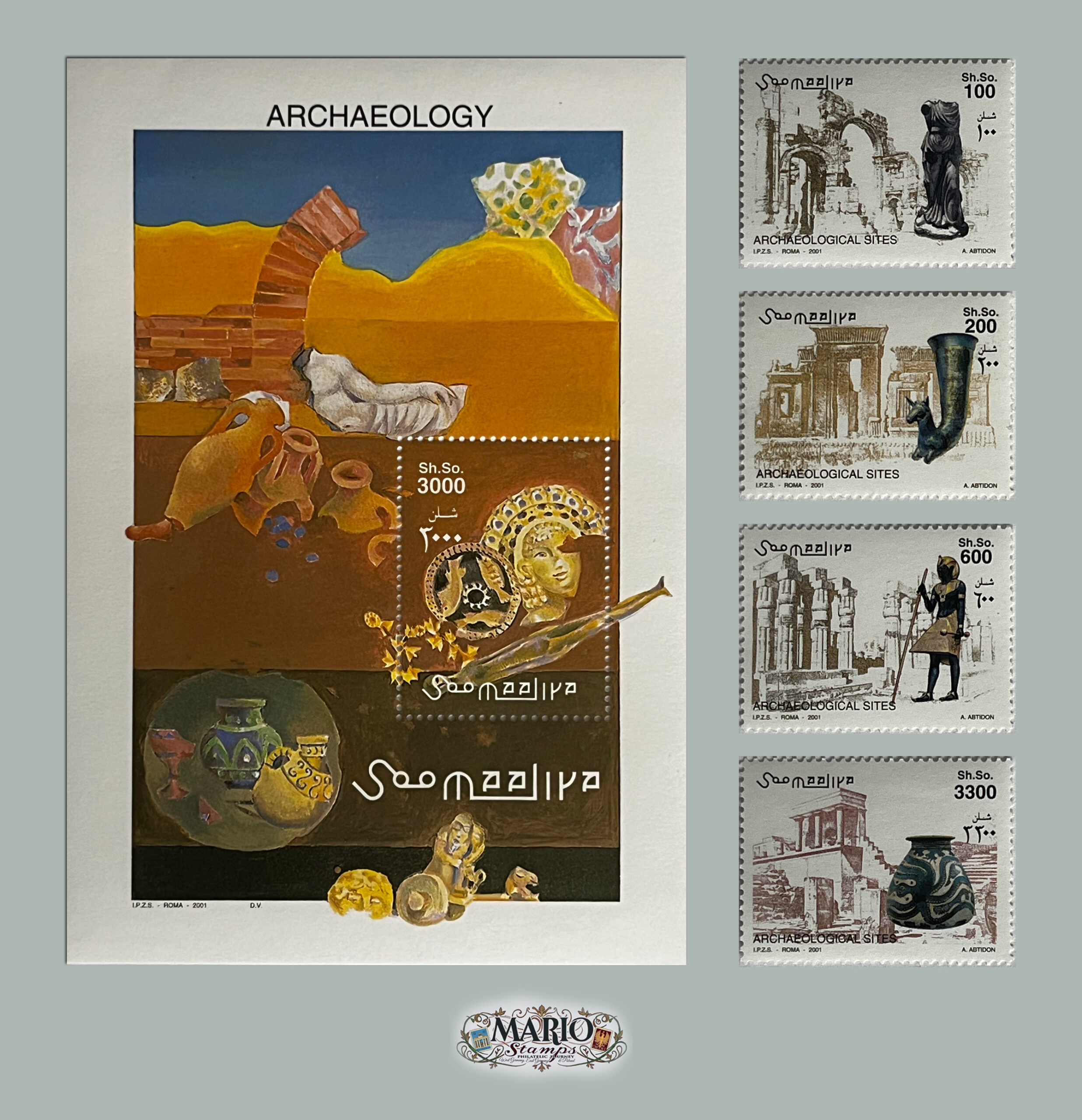 🏺 Kompletna Seria Znaczków z Bloczkiem – Skarby Archeologii Somalii (2001) MNH! 🏛️