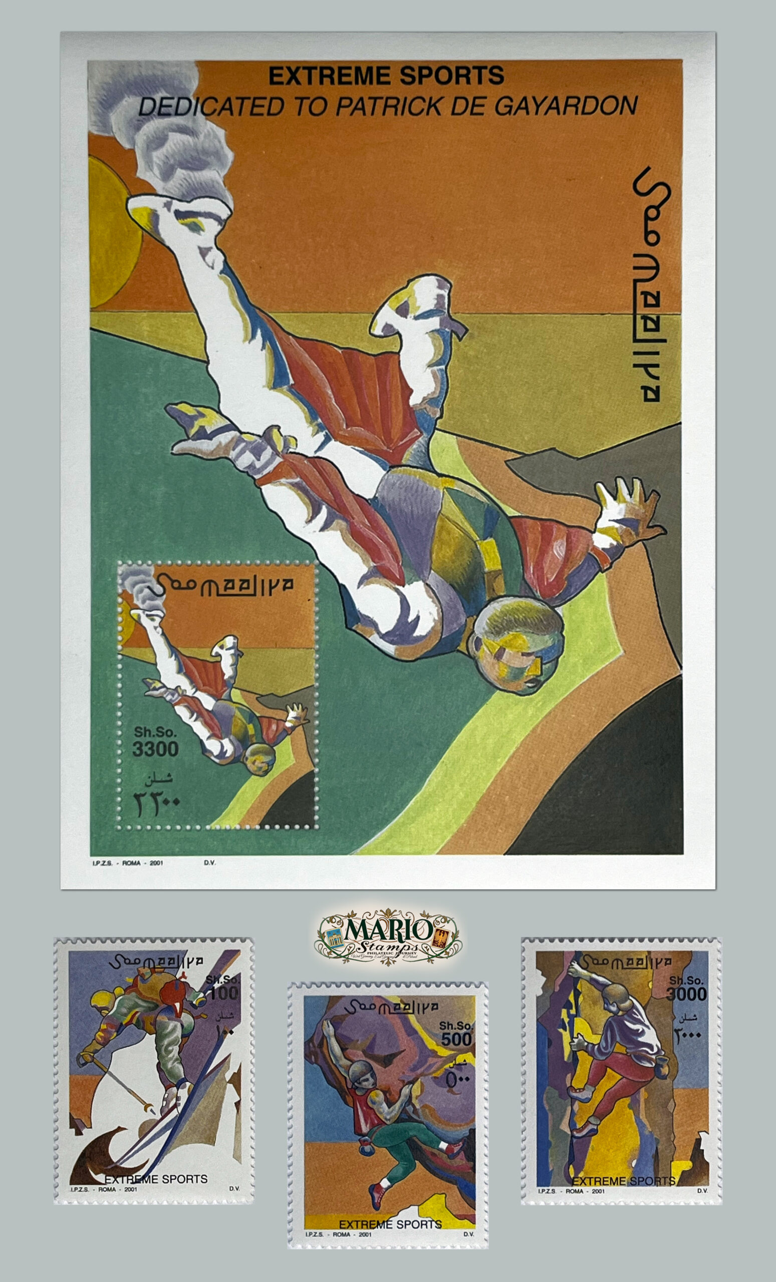 🧗‍♂️ Kompletna Seria Znaczków z Bloczkiem – Sporty Ekstremalne Somalii (2001) MNH! 🪂
