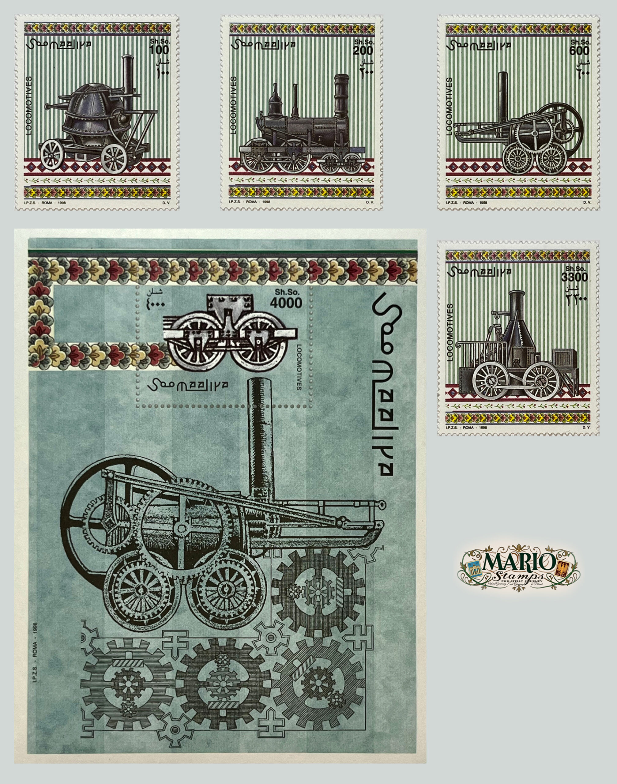 🚂 Pionierzy Pary – Kompletna Seria i Bloczek „Lokomotywy” (Somalia 1998) MNH! ⚙️
