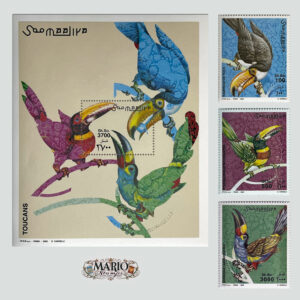 🦜 Egzotyczna Symfonia Kolorów – Kompletna Seria i Bloczek „Tukany” (Somalia 2003) MNH! 🍃