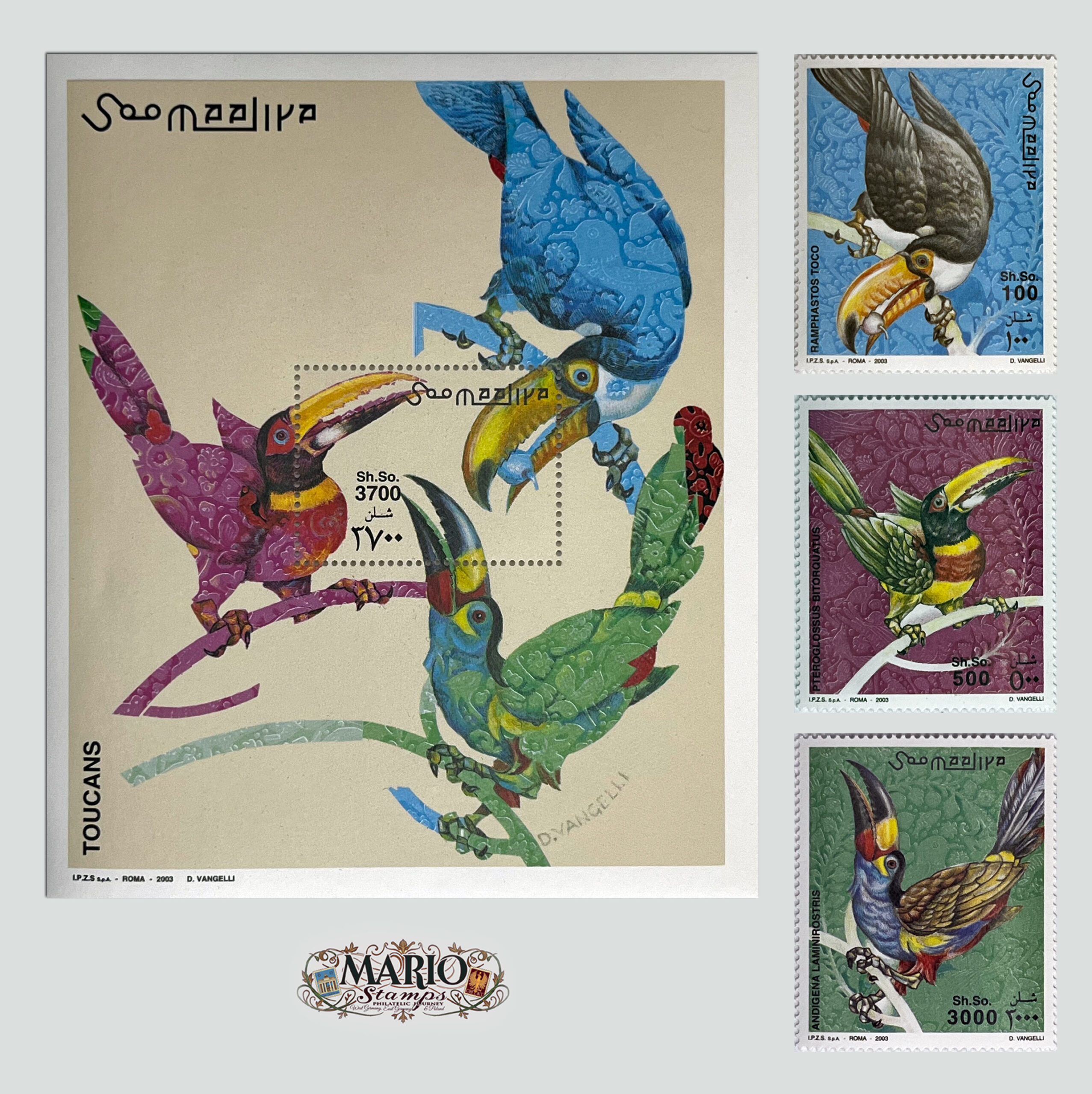 🦜 Egzotyczna Symfonia Kolorów – Kompletna Seria i Bloczek „Tukany” (Somalia 2003) MNH! 🍃