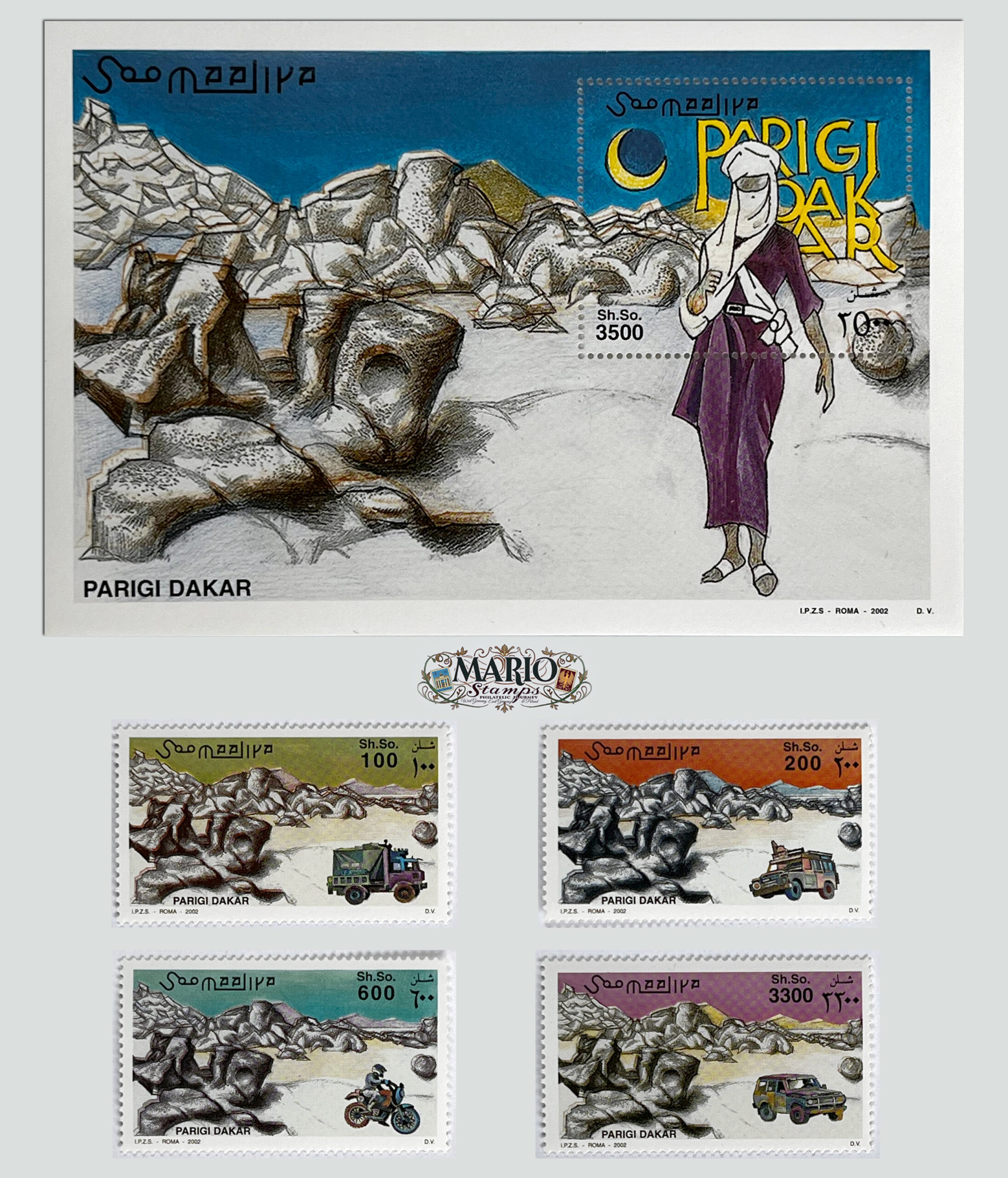 🏎️ Pustynna Przygoda – Kompletna Seria i Bloczek „Parigi Dakar” (Somalia 2002) MNH! 🏜️