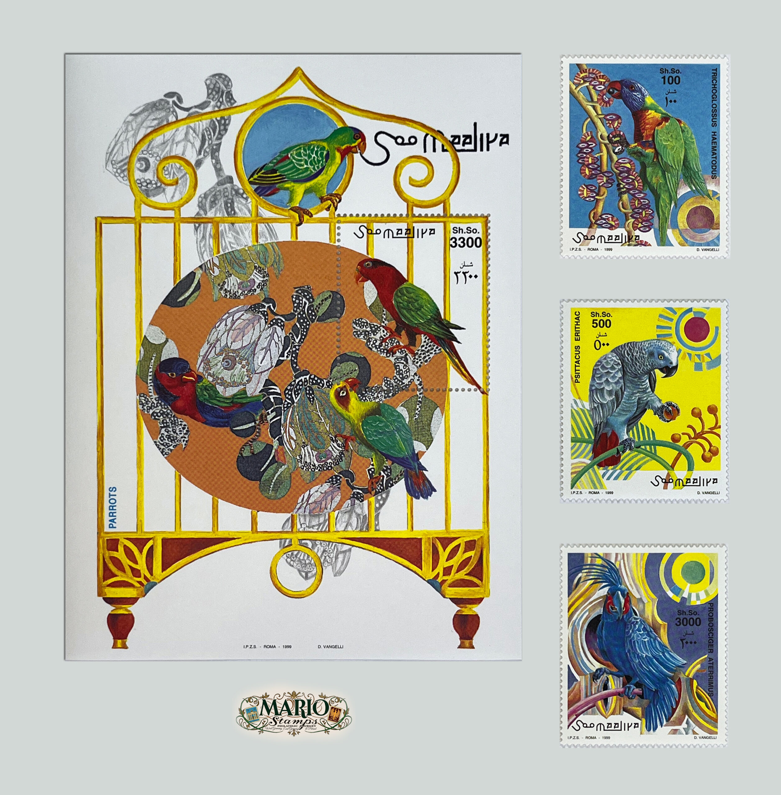 🦜 Egzotyczna Awangarda – Kompletna Seria i Bloczek „Papugi” (Somalia 1999) MNH! ✨