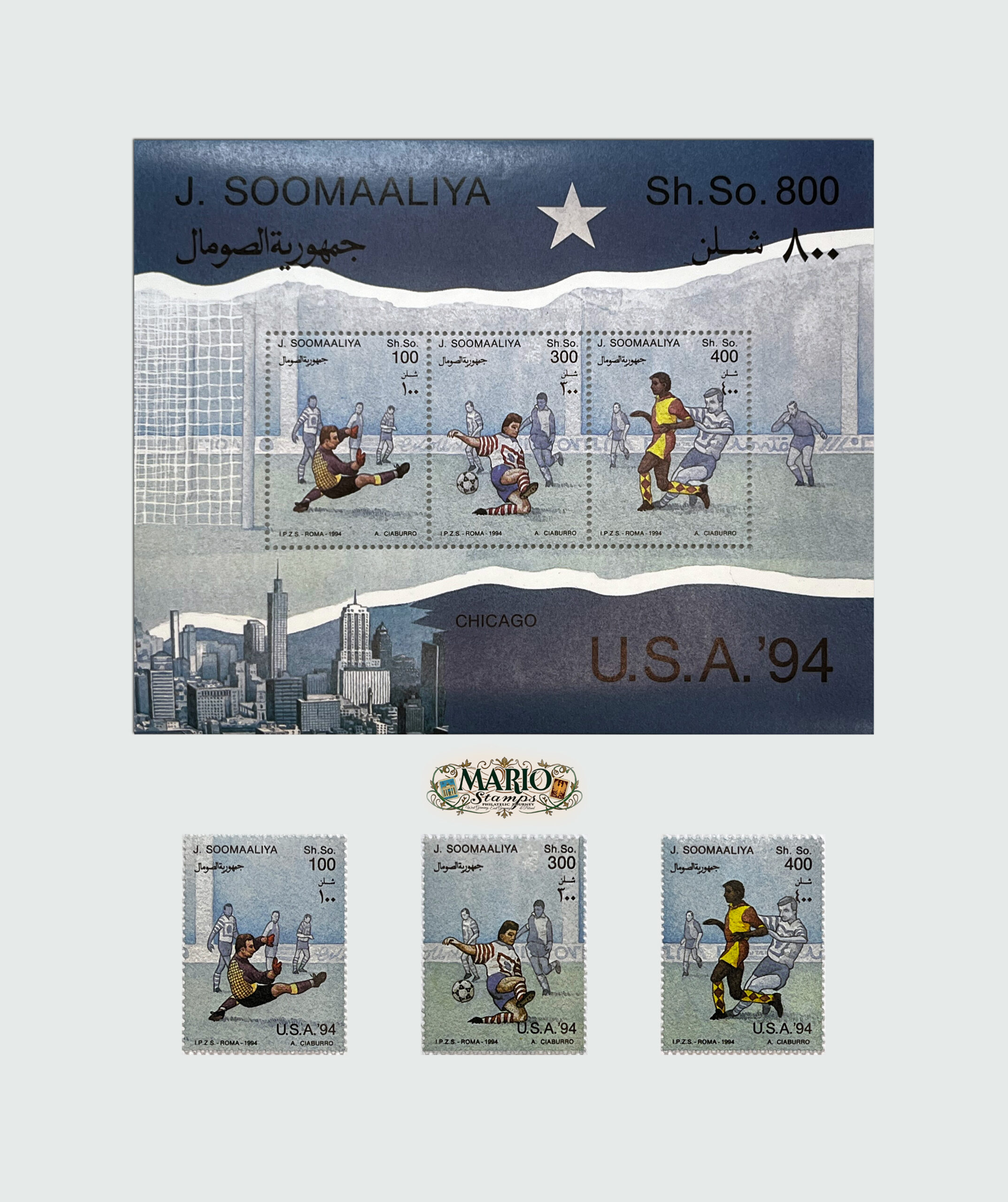 ⚽ Piłkarskie Emocje w Chicago – Kompletna Seria i Bloczek „USA ’94” (Somalia 1994) MNH! 🇺🇸