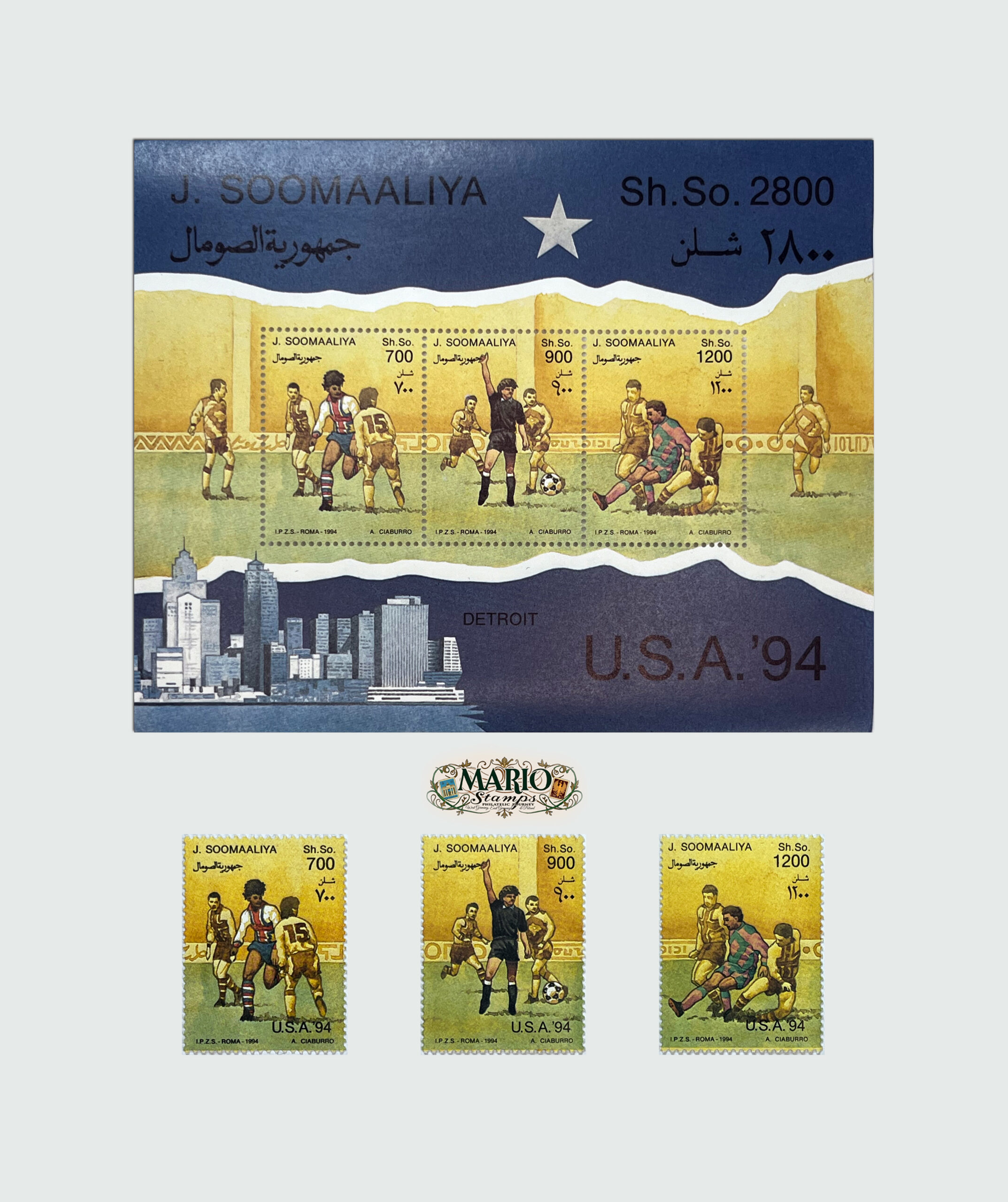⚽ Piłkarskie Emocje w Detroit – Kompletna Seria i Bloczek „USA ’94” (Somalia 1994) MNH! 🇺🇸