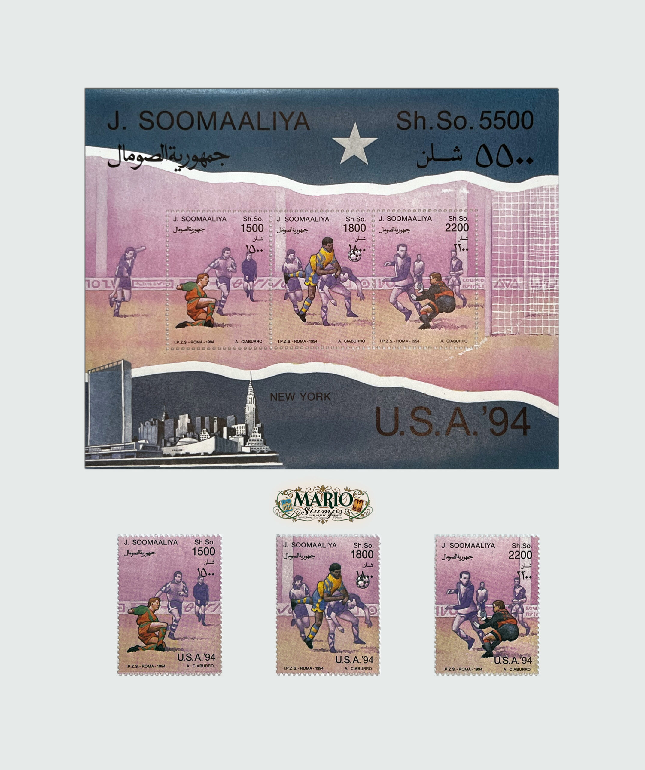⚽ Piłkarskie Emocje w Nowym Jorku – Kompletna Seria i Bloczek „USA ’94” (Somalia 1994) MNH! 🇺🇸