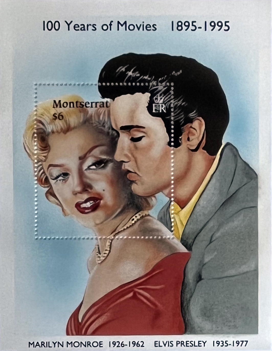 Zabezpieczone: 🎬 Ikony Wielkiego Ekranu – Bloczek „Marilyn Monroe & Elvis Presley” (Montserrat 1995) MNH! 🌟