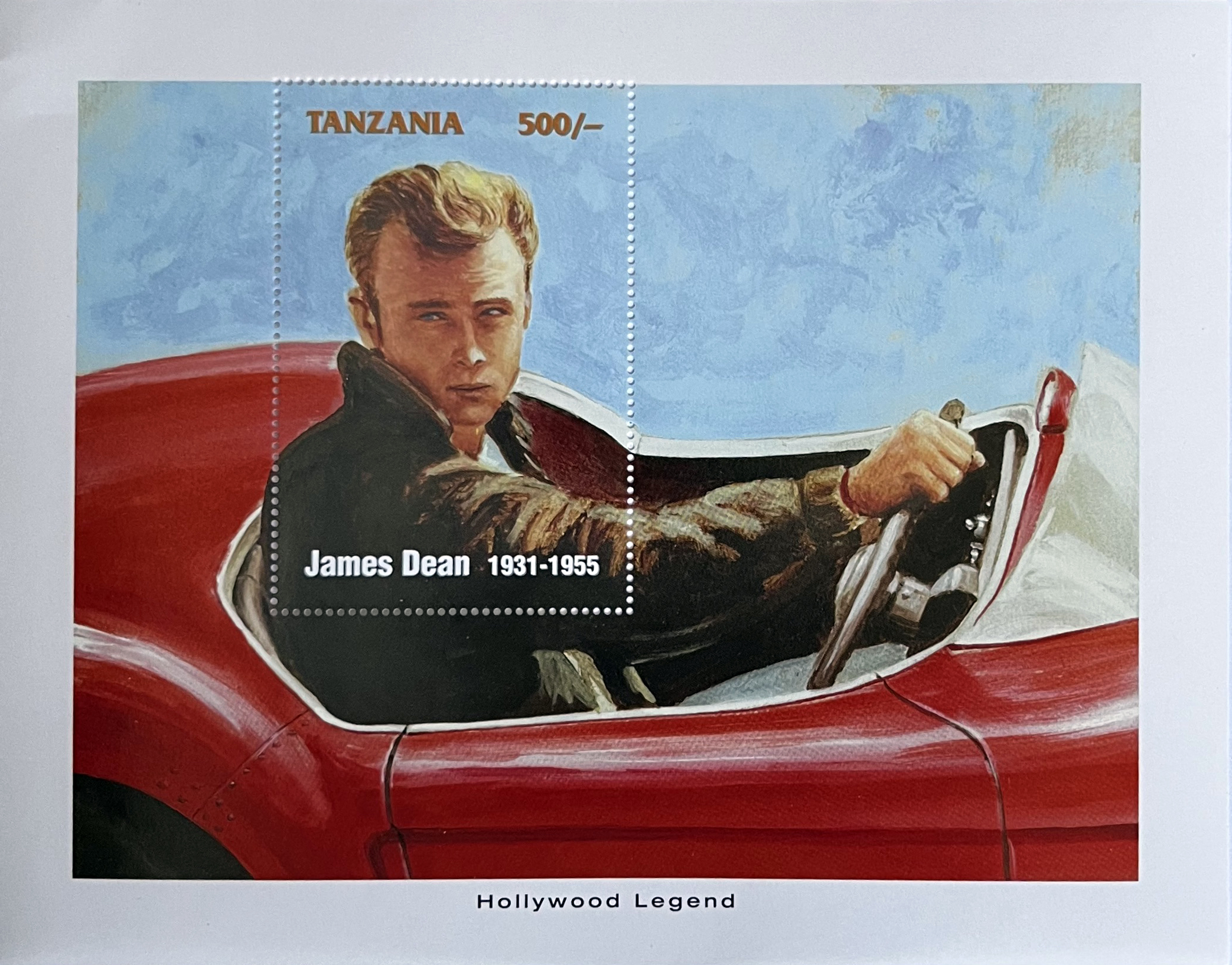 🎬 Legenda Hollywood – Bloczek „James Dean (1931–1955)” (Tanzania 1996) MNH! 🏎️