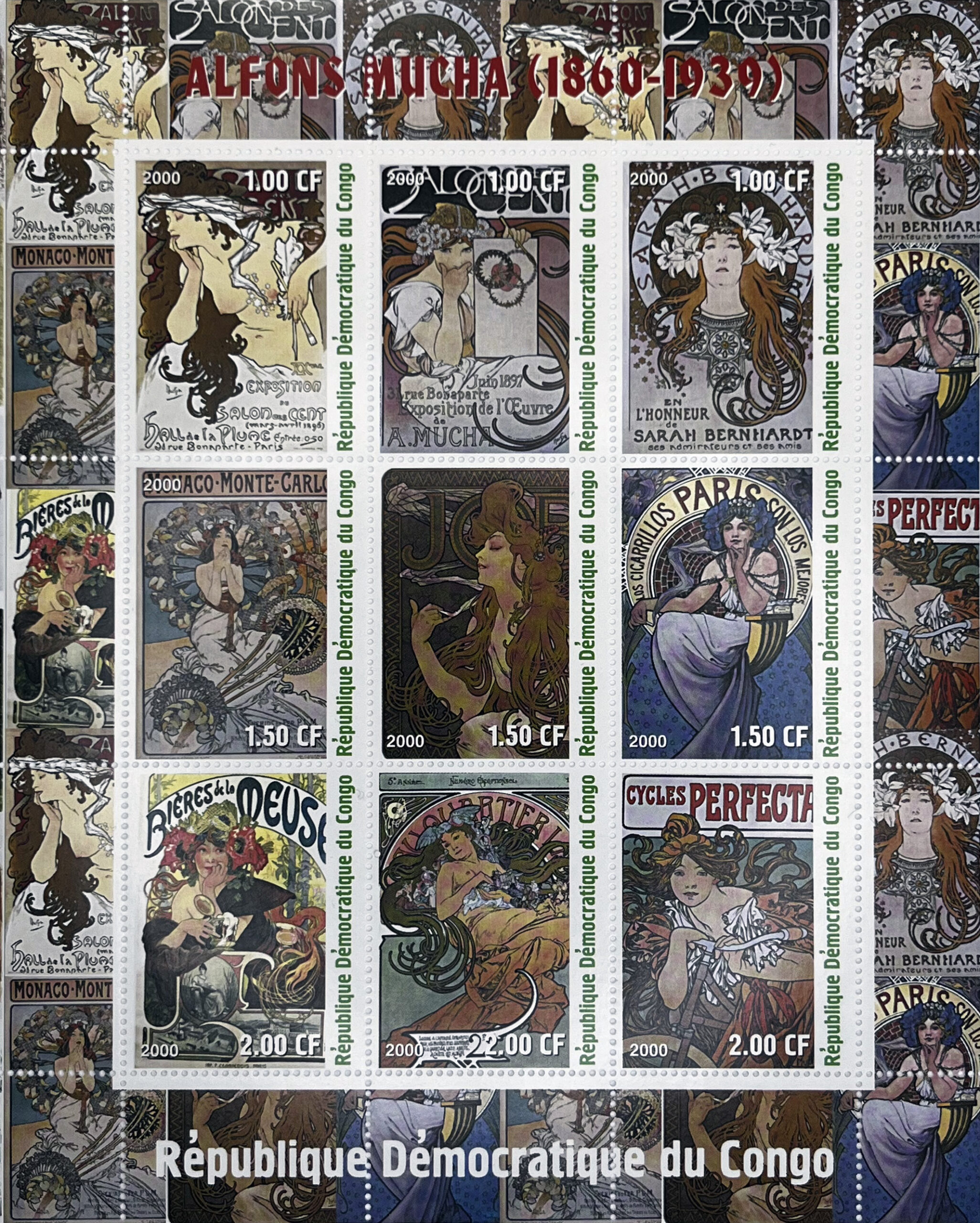 🎨 Secesyjne Arcydzieła – Arkusz Kolekcjonerski „Alfons Mucha (1860–1939)” (DR Konga 2000) MNH! 🇨🇩✨