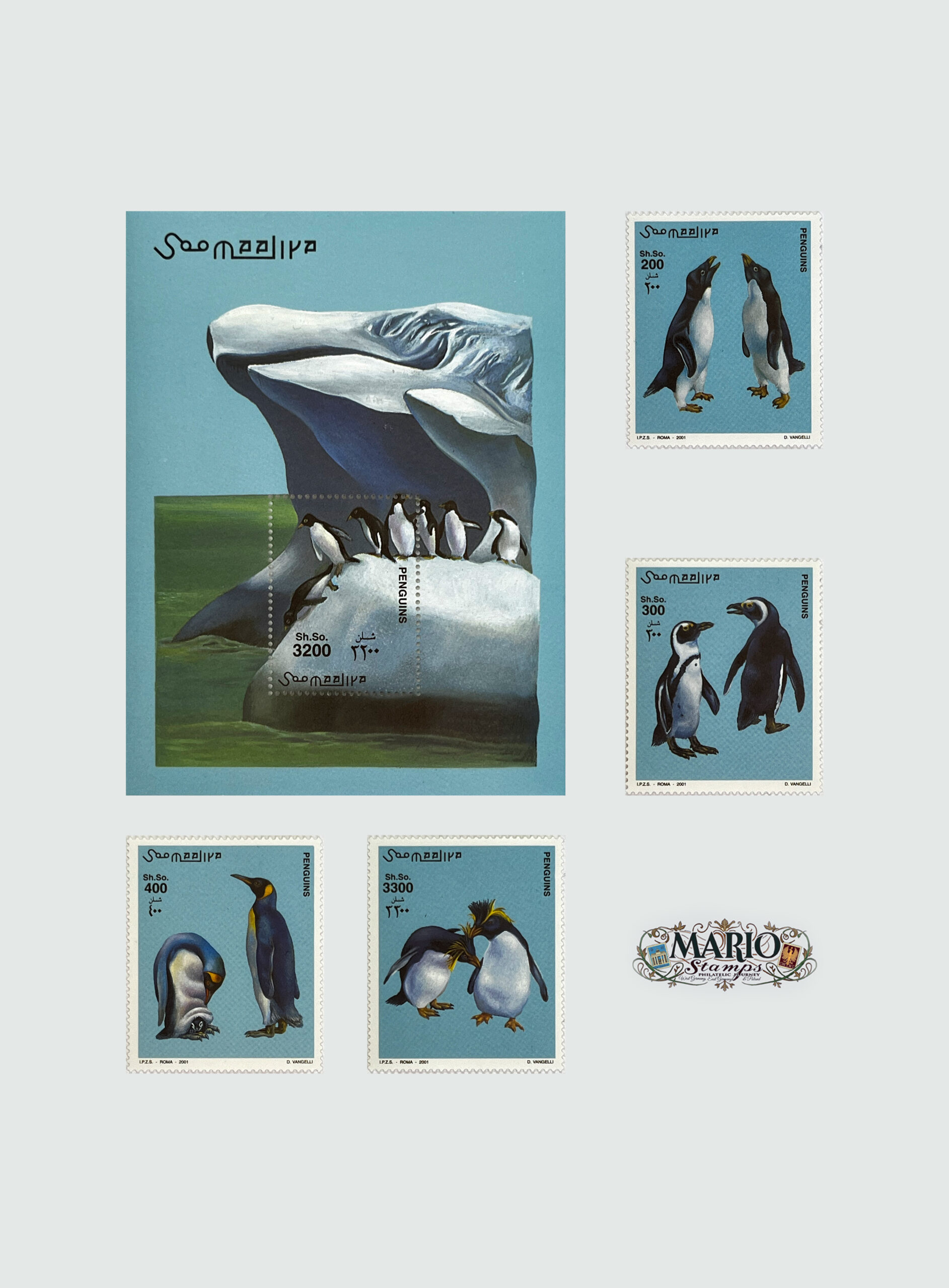 🐧 Antarktyczna Elegancja – Kompletna Seria z Bloczkiem „Pingwiny” (Somalia 2001) MNH! ❄️