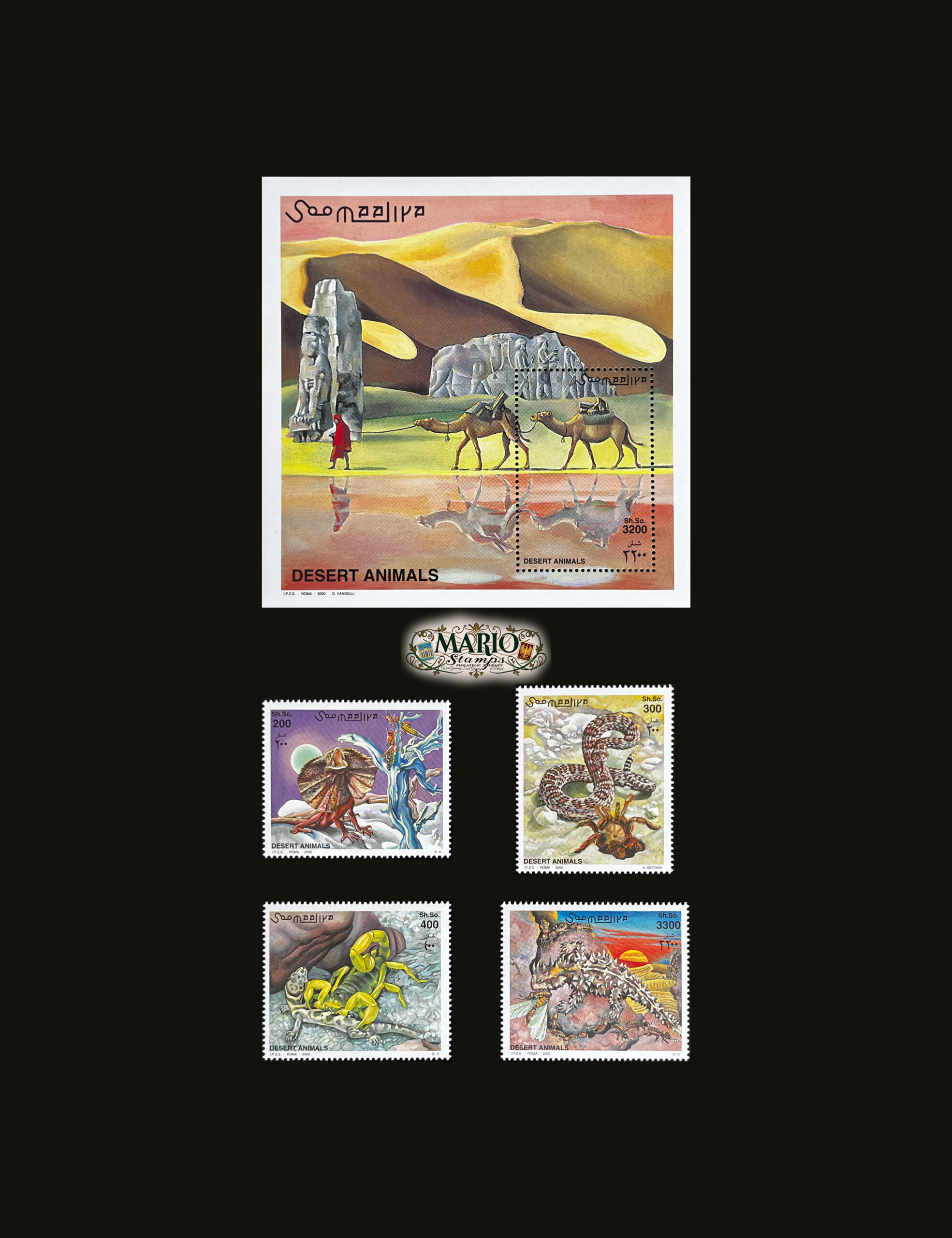 🦎 Mieszkańcy Wydm – Kompletna Seria „Zwierzęta Pustyni” z Blokiem (Somalia 2000) MNH! 🇸🇴
